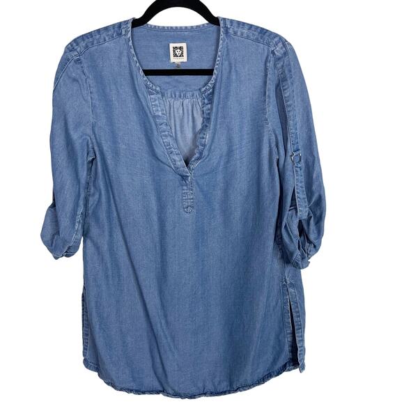 Anne Klein Small S Blue Chambray 3/4 Roll Tab Sleeve Blouse Top Split V Neck - Picture 1 of 9